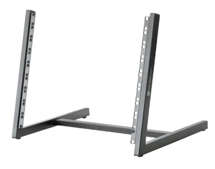 K&M black rack desk stand with adjustable mounting hardware and professional construction