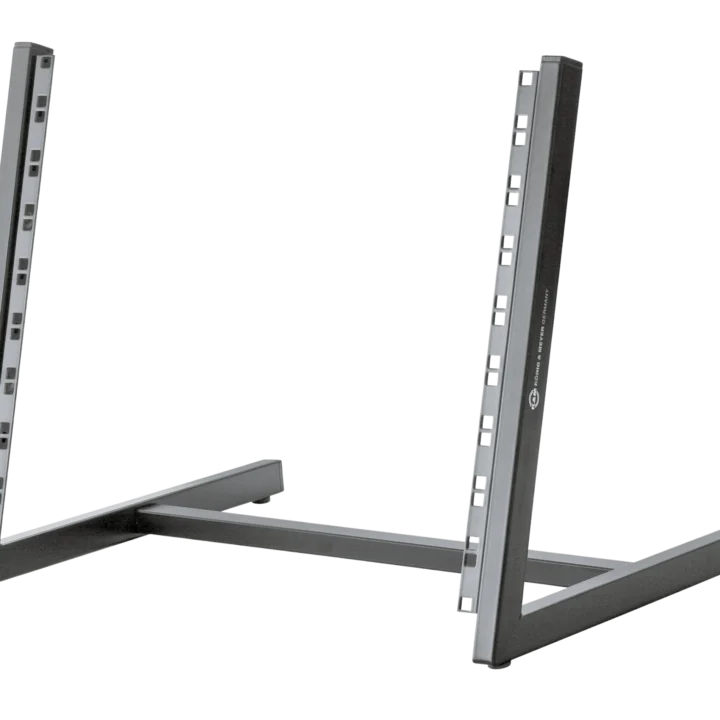 K&M black rack desk stand with adjustable mounting hardware and professional construction