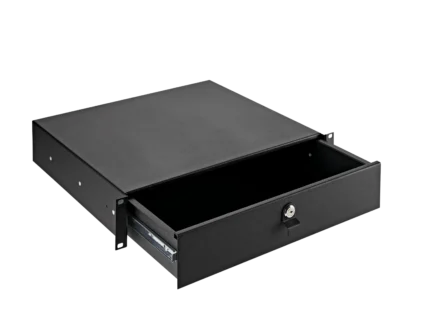 K&M two-space rackmount storage unit in black with front-facing view showing rack mounting hardware