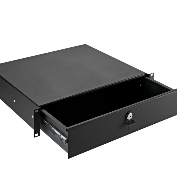 K&M two-space rackmount storage unit in black with front-facing view showing rack mounting hardware