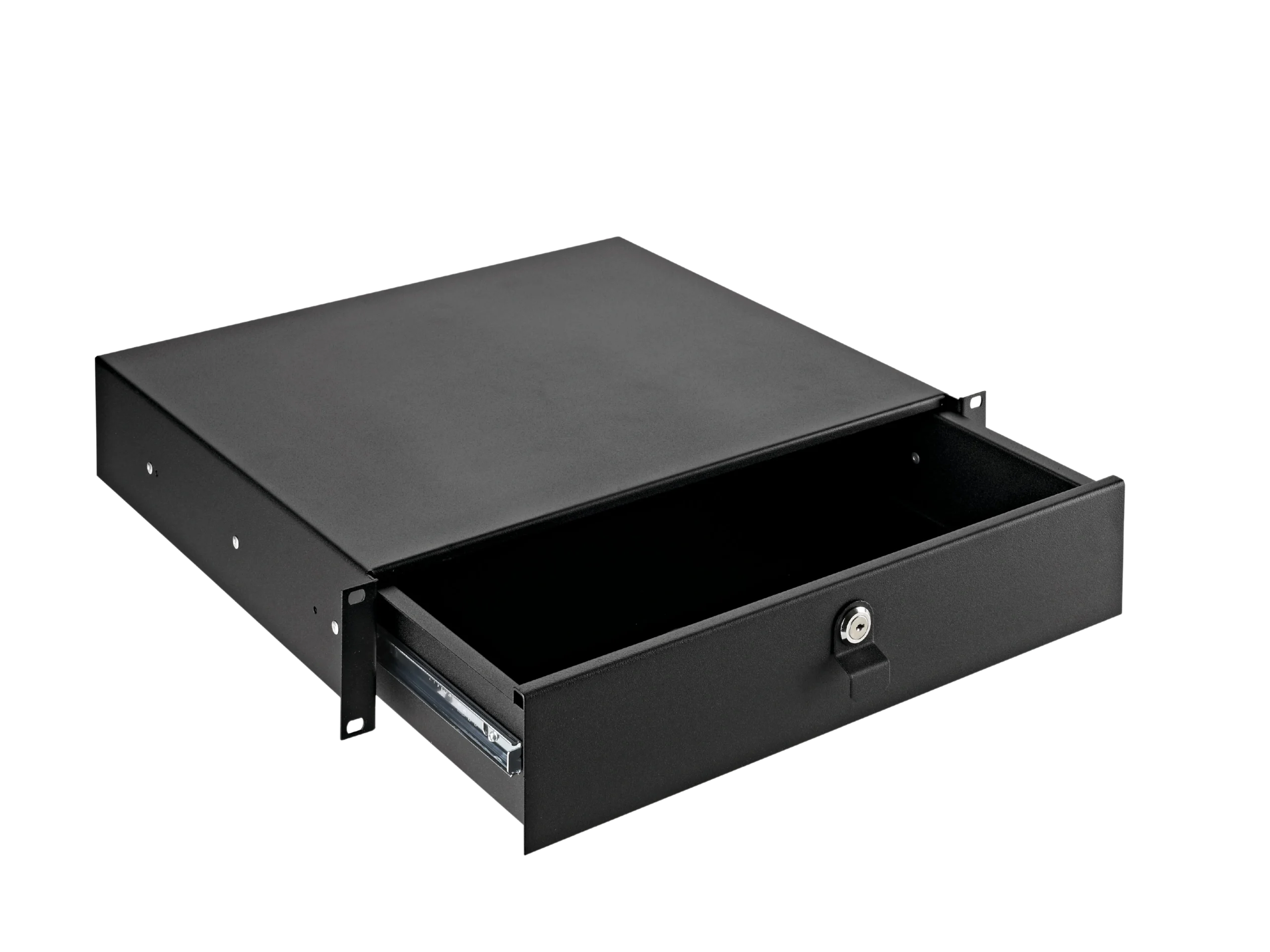K&M Rackmount Storage 2 Space Black Unit K&M two-space rackmount storage unit in black with front-facing view showing rack mounting hardware