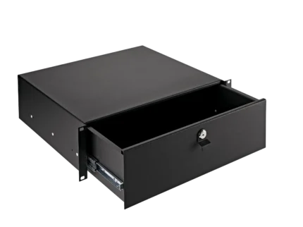 K&M three space rackmount storage unit black finish front view