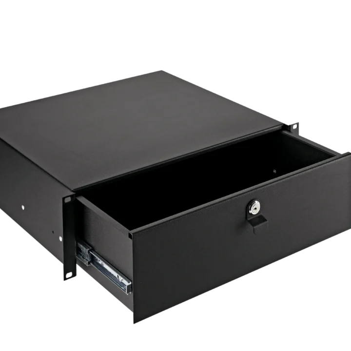 K&M three space rackmount storage unit black finish front view