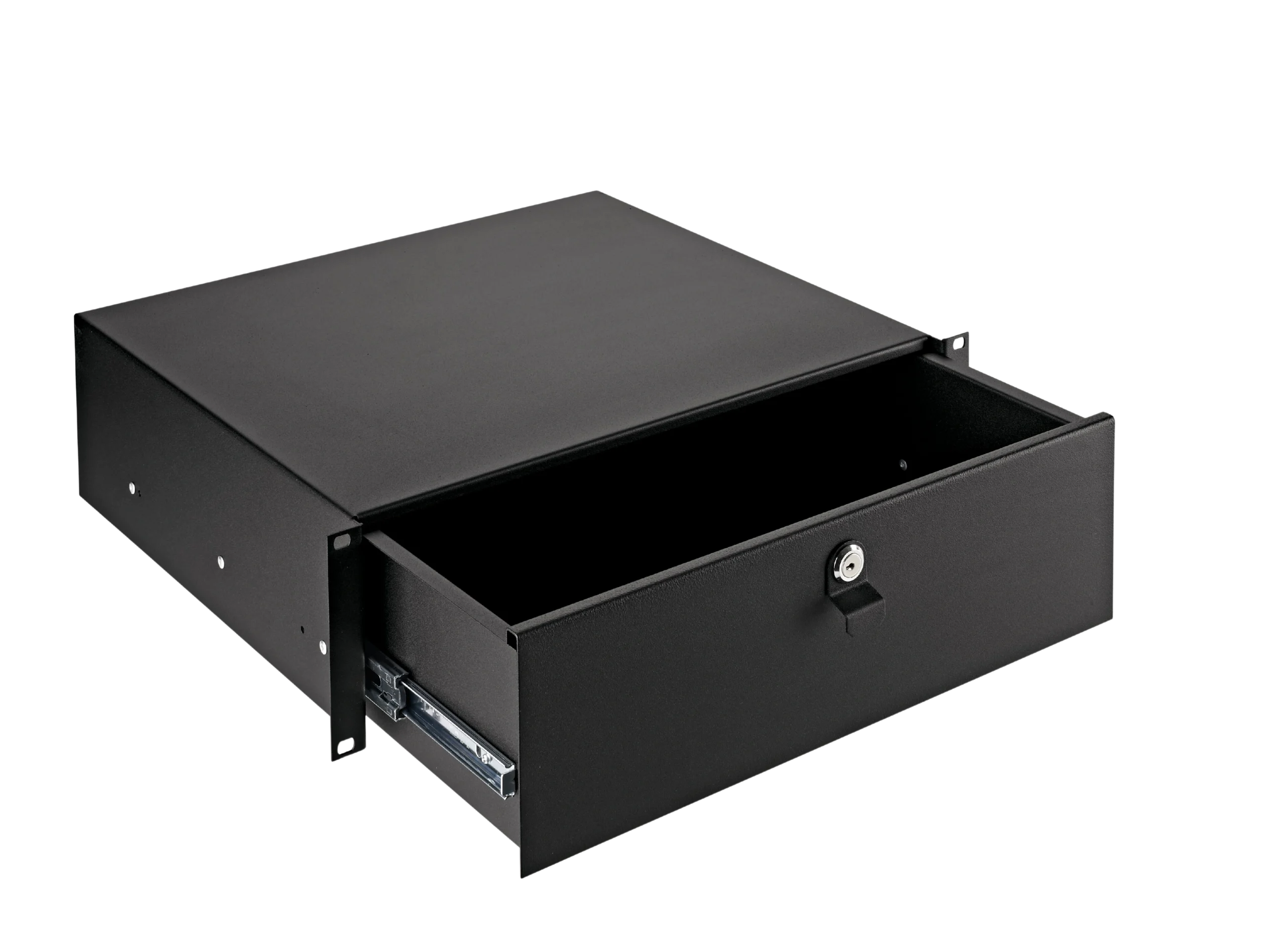 K&M Rackmount Storage 3 Space Black Unit K&M three space rackmount storage unit black finish front view