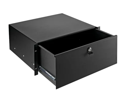 K&M four space rackmount storage unit black finish front panel view professional audio