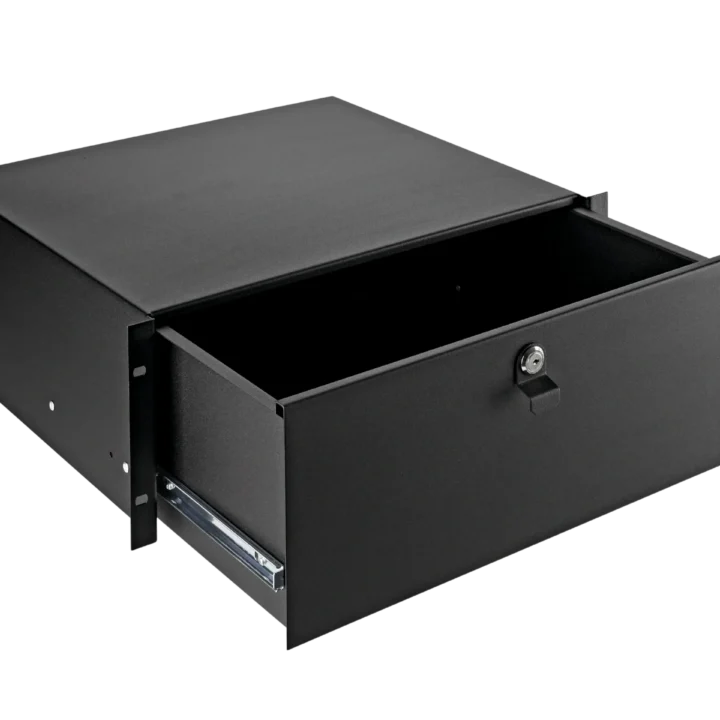 K&M four space rackmount storage unit black finish front panel view professional audio