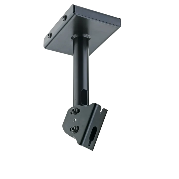 K&M black speaker ceiling mount with adjustable bracket and mounting hardware