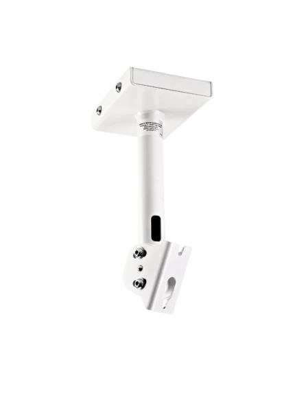 K&M white speaker ceiling mount with adjustable bracket and mounting hardware for professional audio installation
