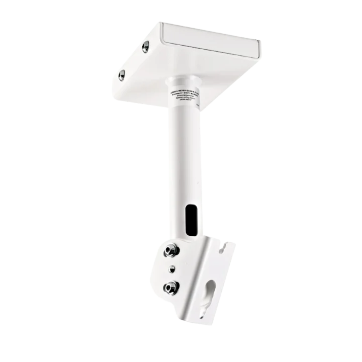 K&M white speaker ceiling mount with adjustable bracket and mounting hardware for professional audio installation