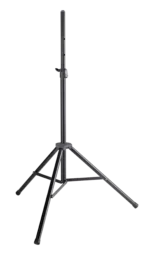 K&M black speaker stand with adjustable height and stable base for studio monitoring
