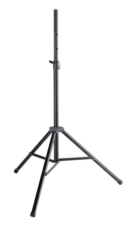 K&M black speaker stand with adjustable height and stable base for studio monitoring