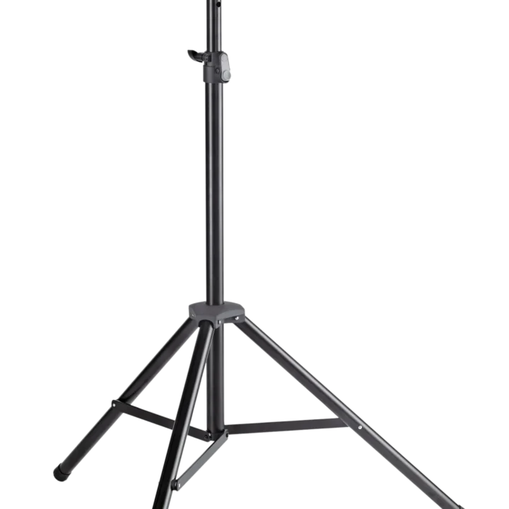 K&M black speaker stand with adjustable height and stable base for studio monitoring