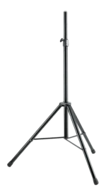K&M black speaker stand with adjustable height and stable base for studio monitoring