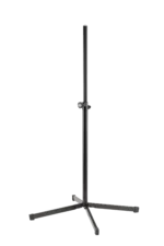 K&M black speaker stand with adjustable height and stable base for studio monitoring