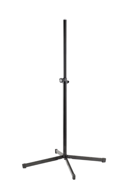 K&M black speaker stand with adjustable height and stable base for studio monitoring