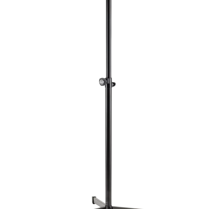 K&M black speaker stand with adjustable height and stable base for studio monitoring