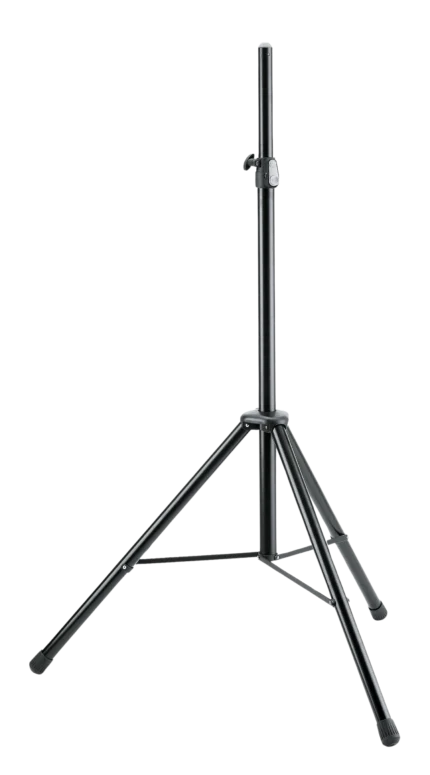 K&M black speaker stand with adjustable height and stable base for studio monitoring