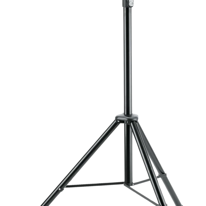 K&M black speaker stand with adjustable height and stable base for studio monitoring