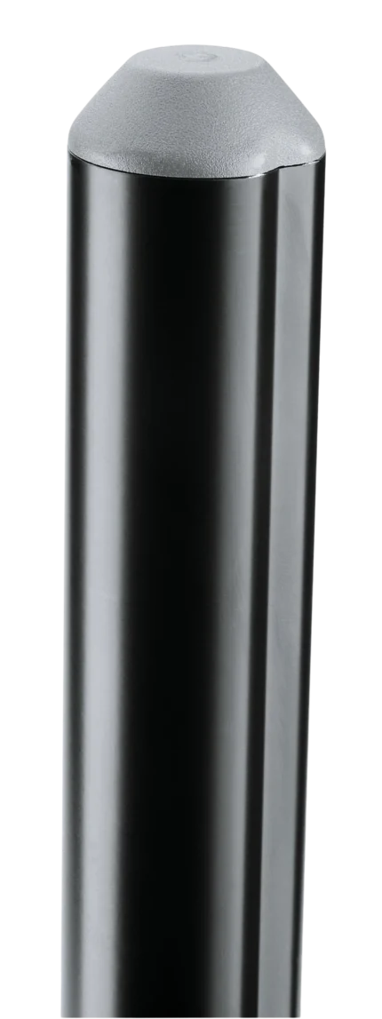 K&M black speaker stand shown from side profile with adjustable height mechanism and stable base