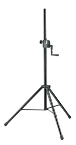 K-M speaker stand with adjustable height and stable base for professional audio setup