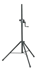 K-M speaker stand with adjustable height and stable base for professional audio setup