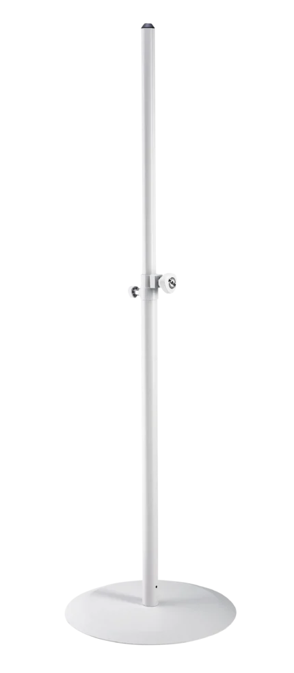 K&M pure white speaker stand with adjustable height and stable base construction