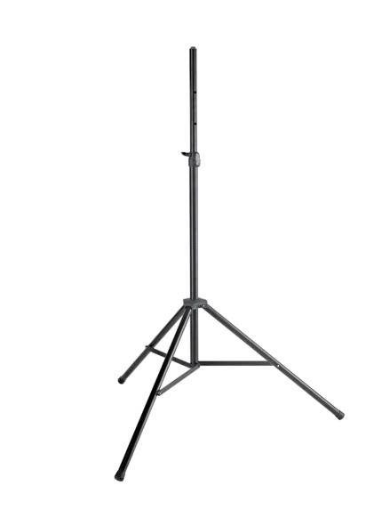 K&M tall black speaker stand with adjustable height and stable base construction