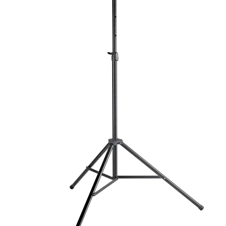 K&M tall black speaker stand with adjustable height and stable base construction