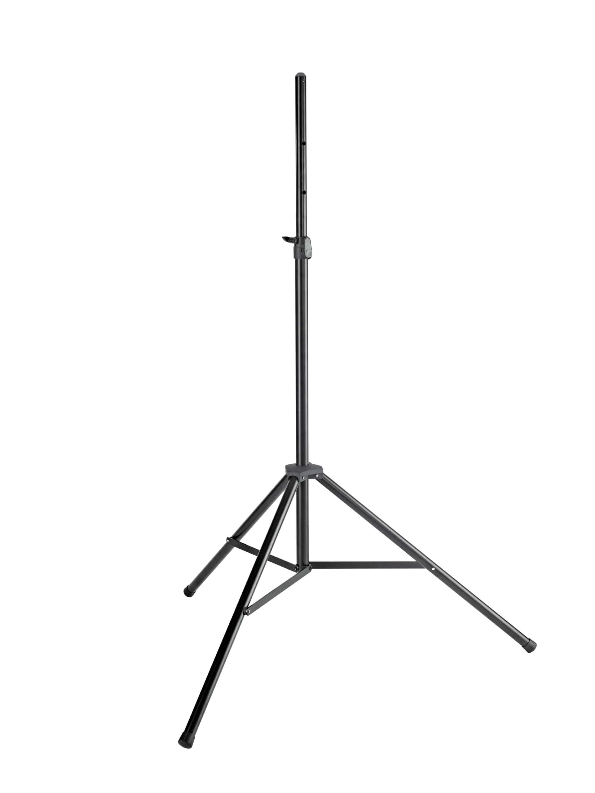 K&M Speaker Stand Tall Black Front View K&M tall black speaker stand with adjustable height and stable base construction