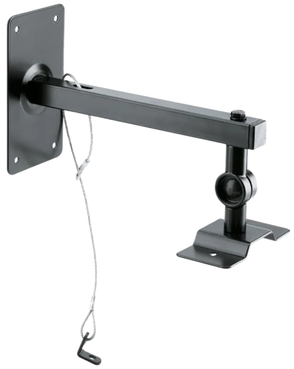 K&M black speaker wall mount with adjustable tilt and swivel mechanism for studio monitoring