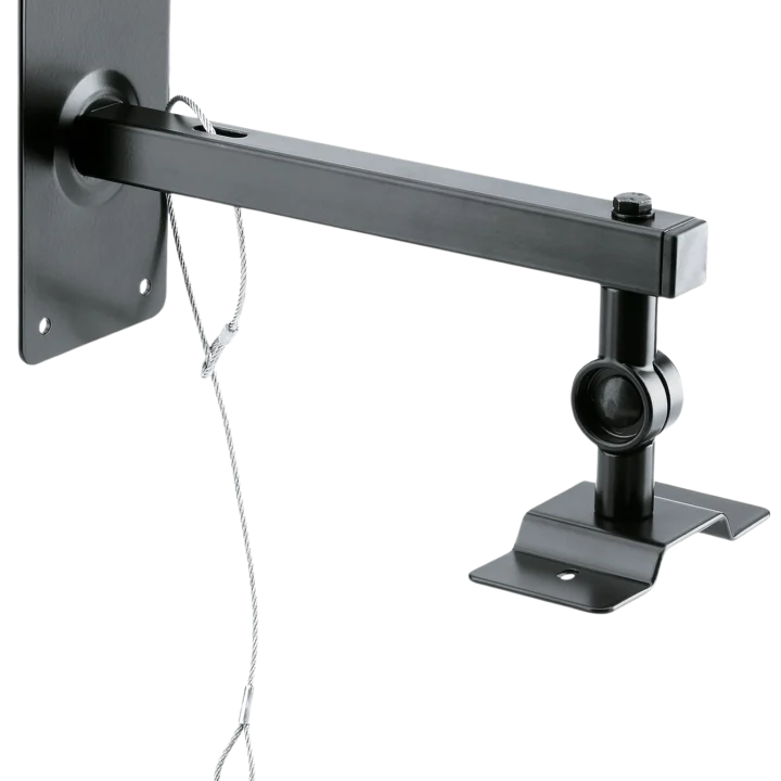 K&M black speaker wall mount with adjustable tilt and swivel mechanism for studio monitoring