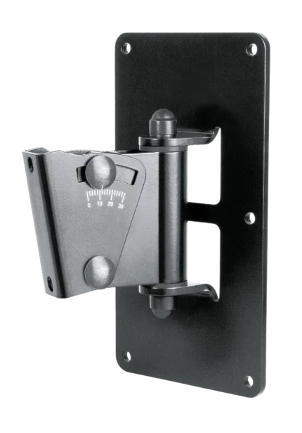 K&M black speaker wall mount with adjustable tilt and swivel mechanism front view