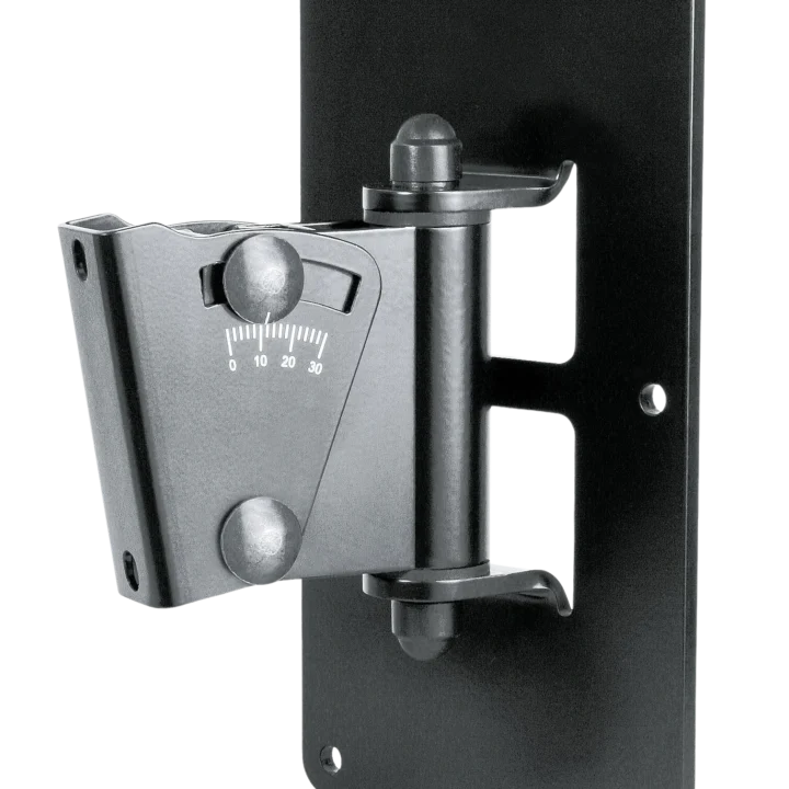 K&M black speaker wall mount with adjustable tilt and swivel mechanism front view