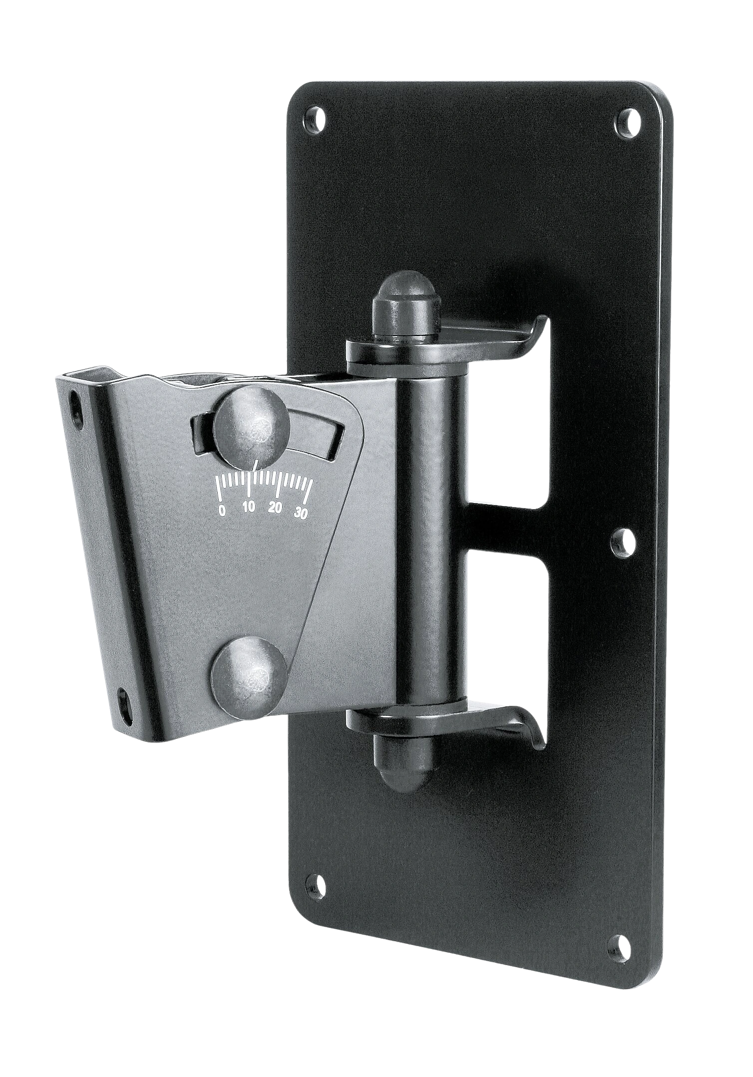 K&M Speaker Wall Mount Black Front View K&M black speaker wall mount with adjustable tilt and swivel mechanism front view