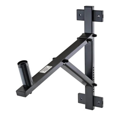 K&M speaker wall mount bracket with adjustable tilt up to 22 degrees, black finish, front view