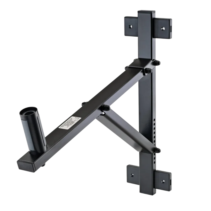 K&M speaker wall mount bracket with adjustable tilt up to 22 degrees, black finish, front view