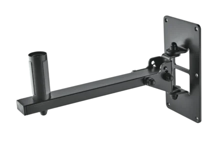 K&M Ring-Lock speaker wall mount in black with secure mounting hardware and adjustment controls