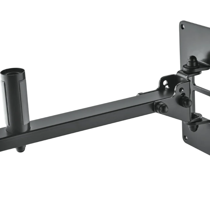 K&M Ring-Lock speaker wall mount in black with secure mounting hardware and adjustment controls