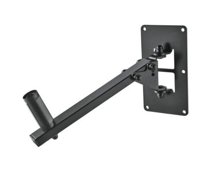 K&M speaker wall mount ring-lock system installed on wall with speaker mounted securely