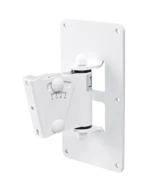 K&M white speaker wall mount with adjustable tilt and swivel mechanism front view