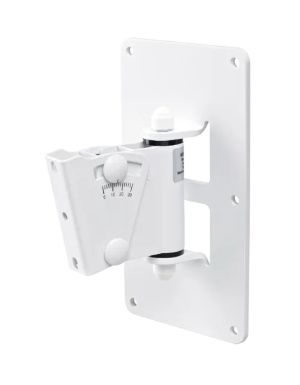 K&M white speaker wall mount with adjustable tilt and swivel mechanism front view