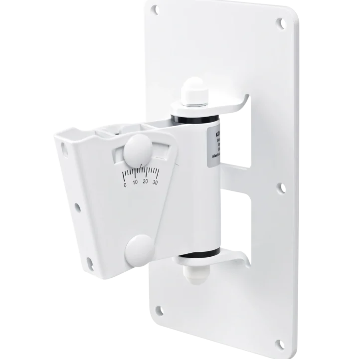 K&M white speaker wall mount with adjustable tilt and swivel mechanism front view