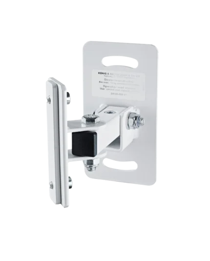 K&M white speaker wall mount with adjustable tilt and swivel mechanism front view