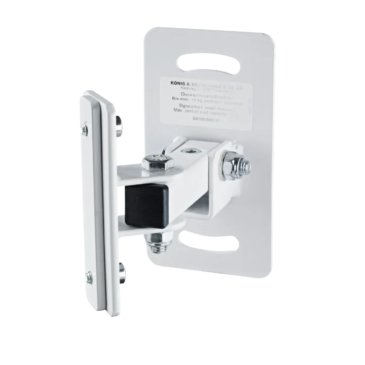 K&M white speaker wall mount with adjustable tilt and swivel mechanism front view