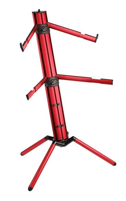 K&M Spider Pro red anodized keyboard stand with adjustable legs and secure mounting platform