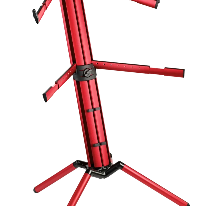K&M Spider Pro red anodized keyboard stand with adjustable legs and secure mounting platform