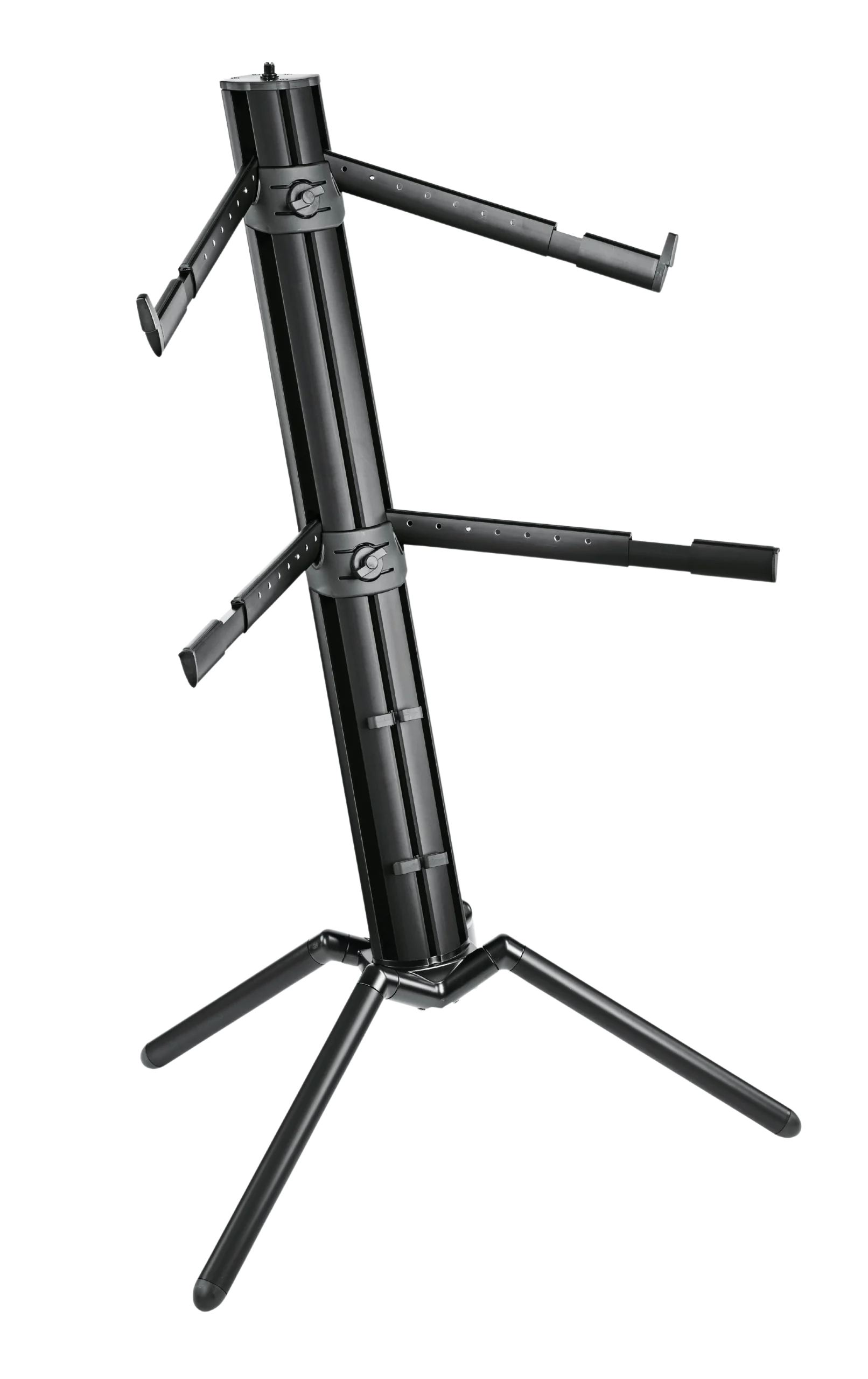 K&M Spider Pro Keyboard Stand Black Anodized Front View K&M Spider Pro black anodized keyboard stand with adjustable legs and professional construction