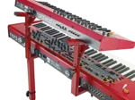 K&M red stacker attachment for 18810 stand showing stacking mechanism and mounting hardware