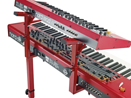 K&M red stacker attachment for 18810 stand showing stacking mechanism and mounting hardware