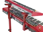 K&M red stacker attachment for 18810 stand showing stacking mechanism and mounting hardware